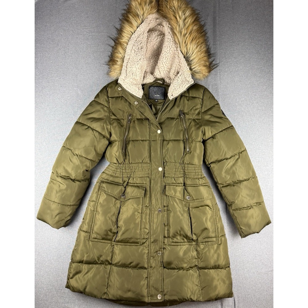 Steve Madden Women's Olive Puffer Coat Faux Fur Hood Sherpa Lined Medium